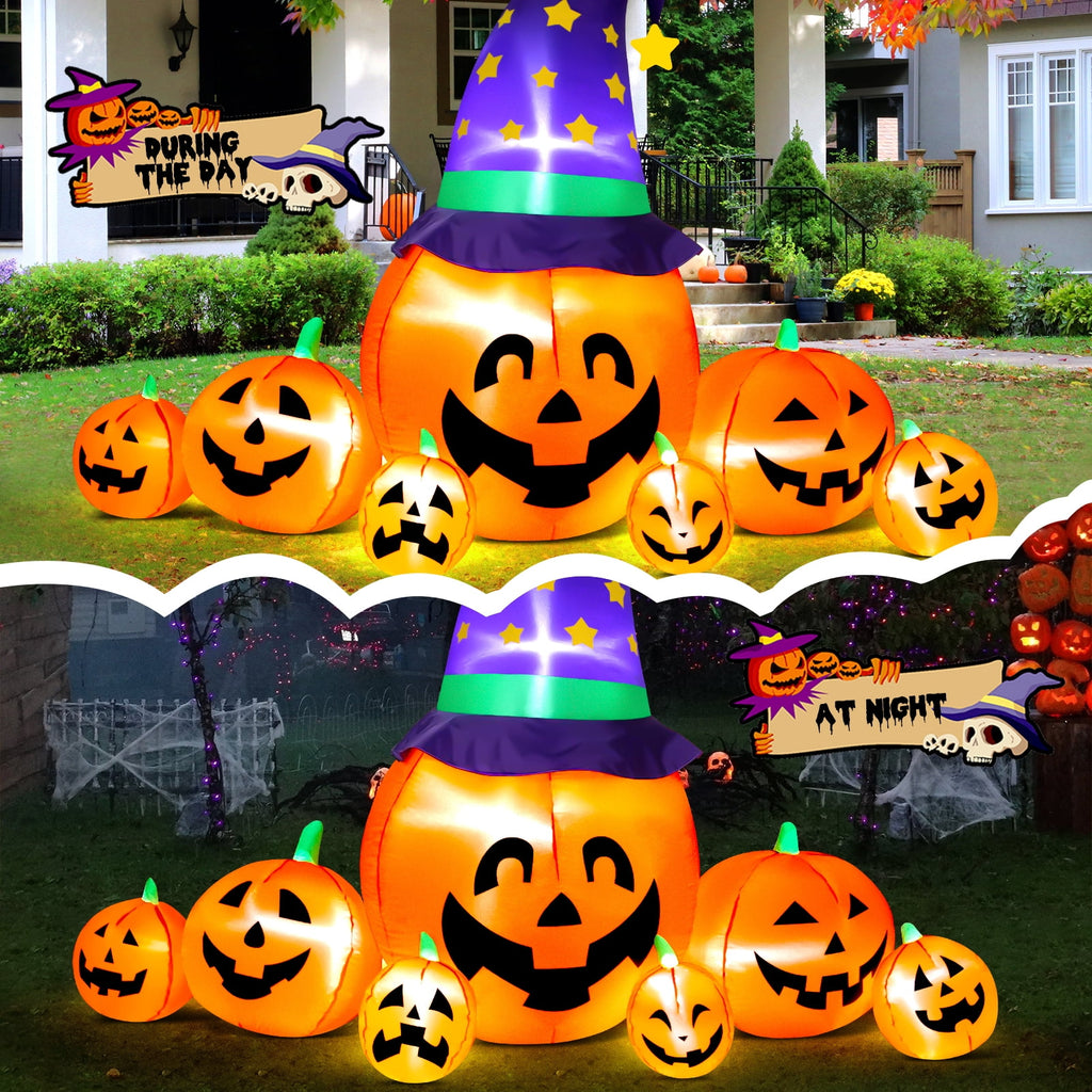 8.7FT Halloween Inflatable Pumpkin Set, 7-Pumpkin Outdoor Decoration with Witch Hats and LED Lights for Yard, Garden, Lawn