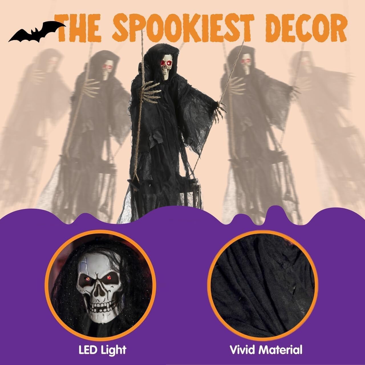 2 Packs Halloween Decorations Outdoor Hanging Swinging Skeleton Ghosts,3 ft Light Up Creepy Grim Reaper Decorations for Halloween Hanging Decorations Indoor Outdoor Yard