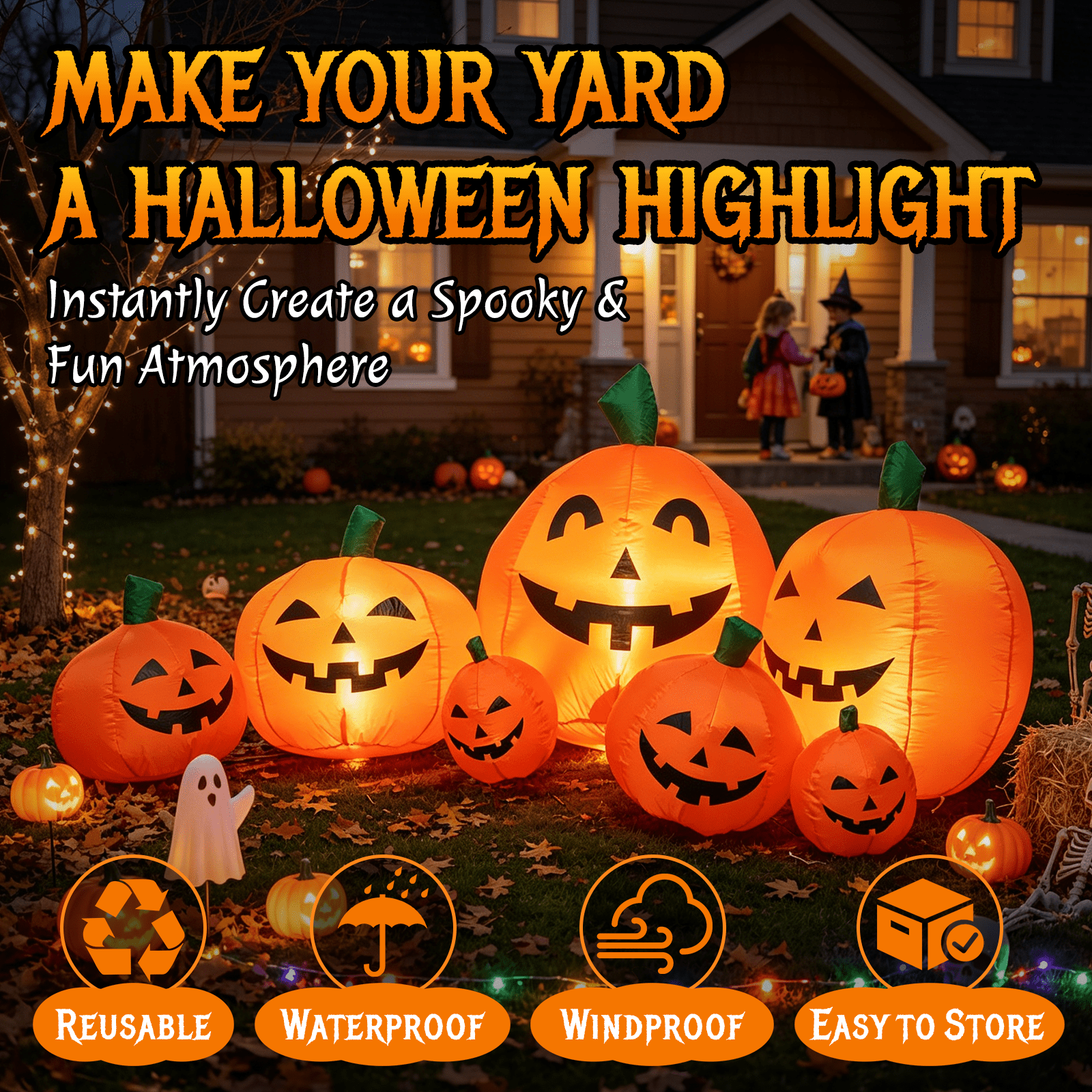 7.5 FT Long Halloween Inflatables Pumpkin Family Lighted,7 Pumpkins Blow Up Yard Decoration, Built-in LEDs, Stakes & Tethers Included for Outdoor Lawn Garden Halloween Decor