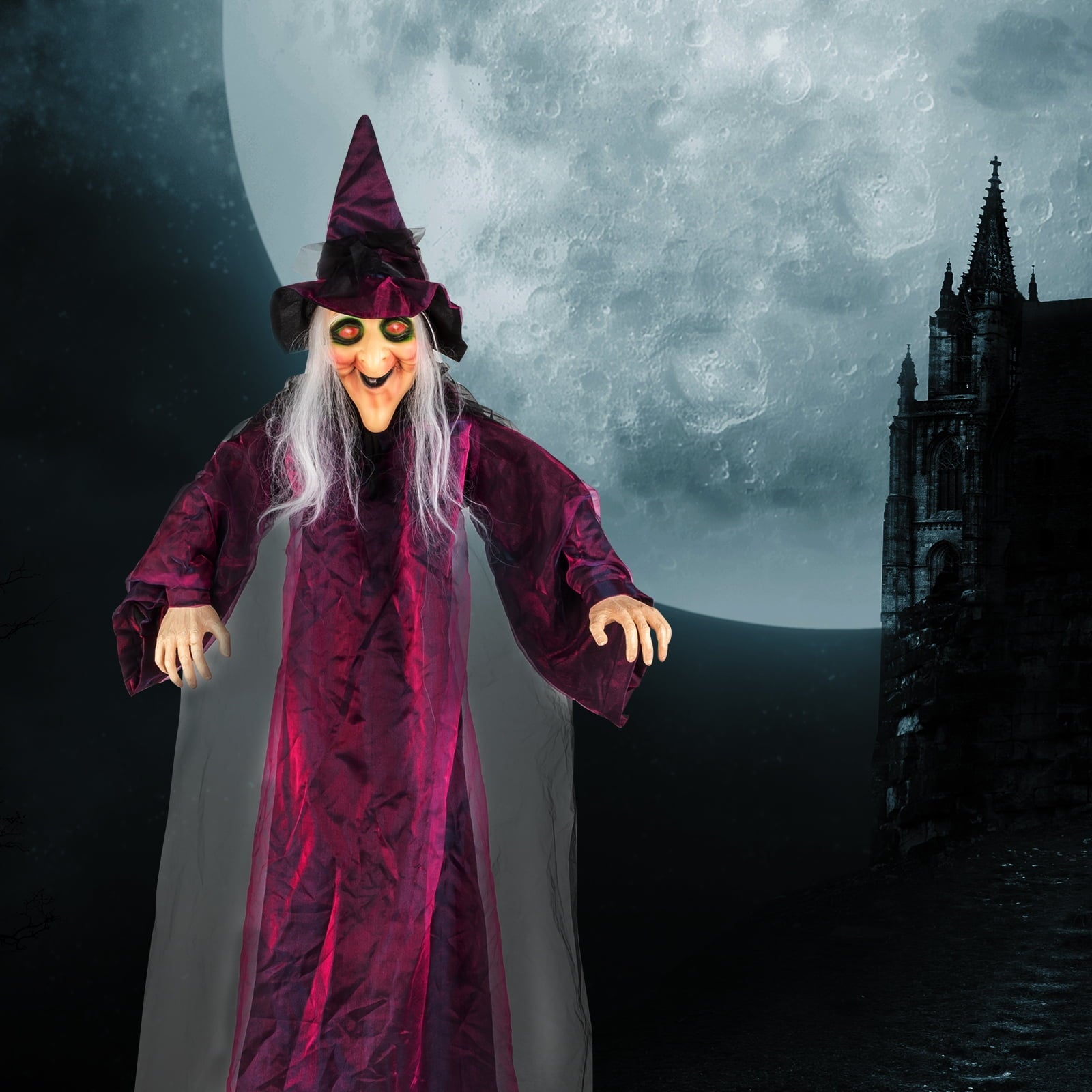 Halloween Witch Hanging Animated Screaming Witch w/ Pre-Recorded Sound, LED Eyes for Yard Outdoor Home Garden