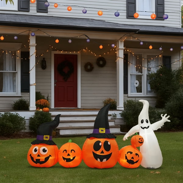 8FT Halloween Inflatable Pumpkin Ghost Scene, 5 Total LEDs, Waterproof Polyester, Quick Inflation with Stakes/Ropes for Yard/Garden/Indoor