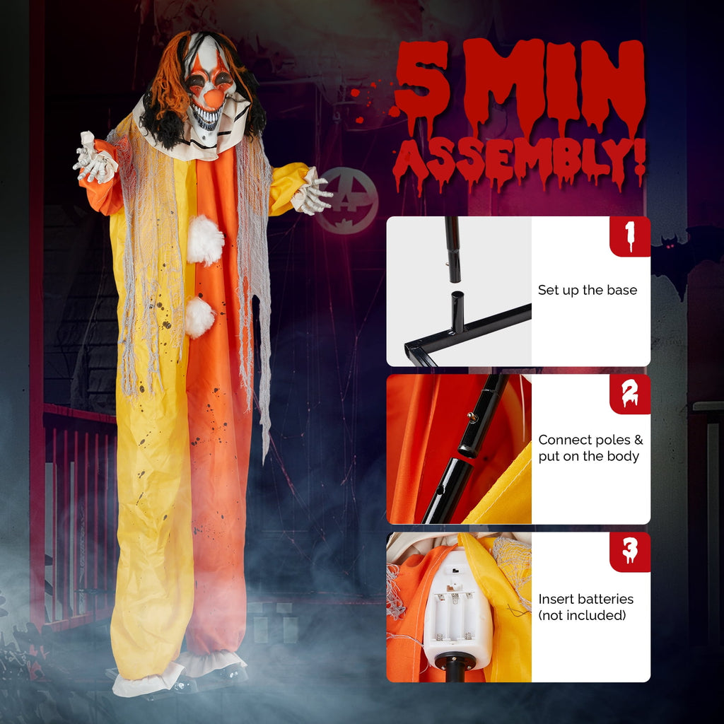 8 ft Clown Animated Halloween Decoration Clown w/ Pre-Recorded Screaming, LED Eyes