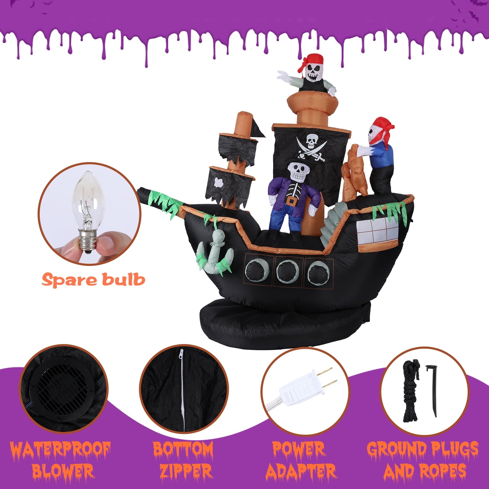7 FT Halloween Inflatable Skeletons Ghosts on Pirate Ship Lights Decor Outdoor Indoor Holiday Decorations, Blow up Lighted Yard Decor, Giant Lawn Inflatables Home Family Outside Decor