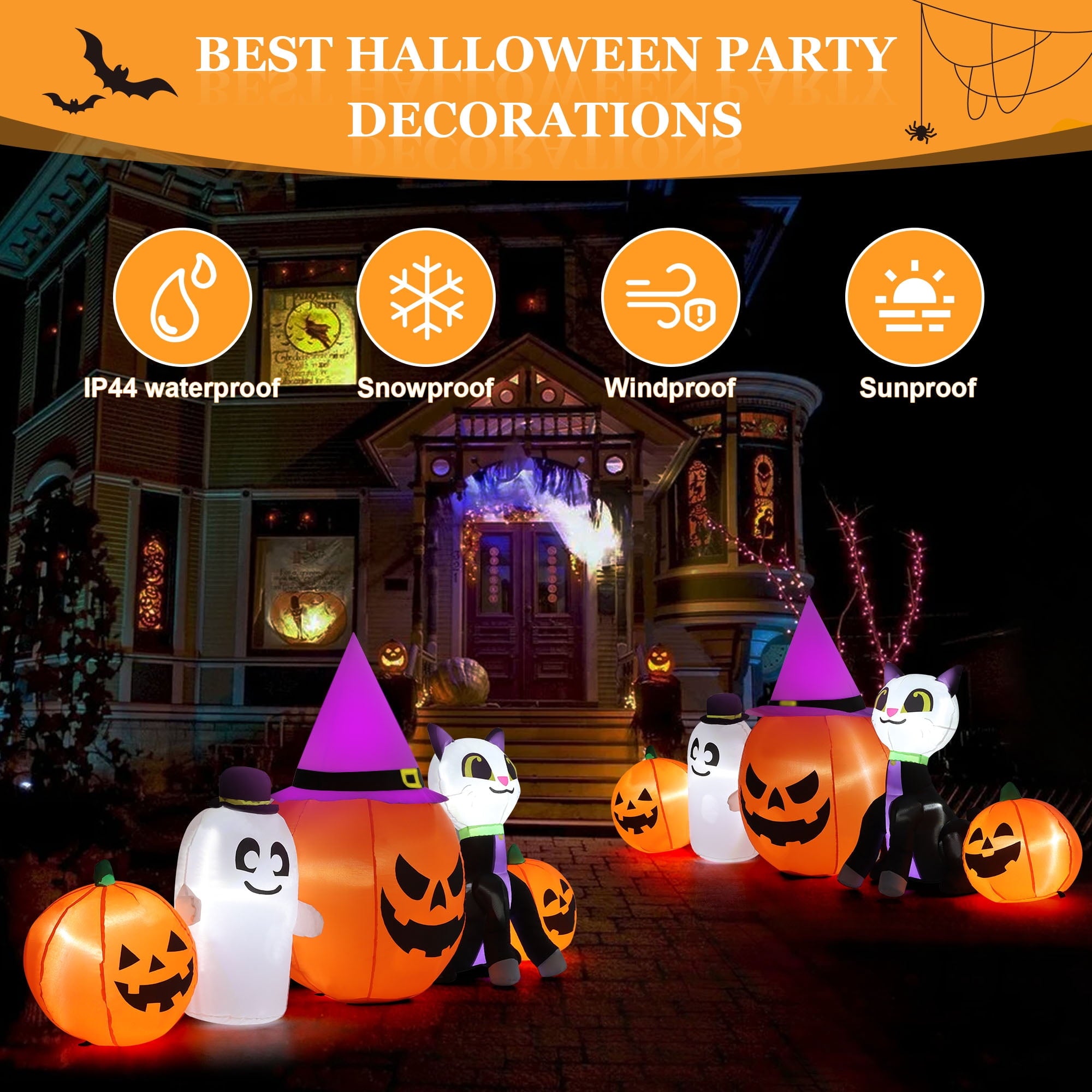 8ft Halloween Inflatable Pumpkins Outdoor Decor with Black Cat and Spectre,Built-in LED Lights,for Halloween Party,Yard,Garden,Lawn